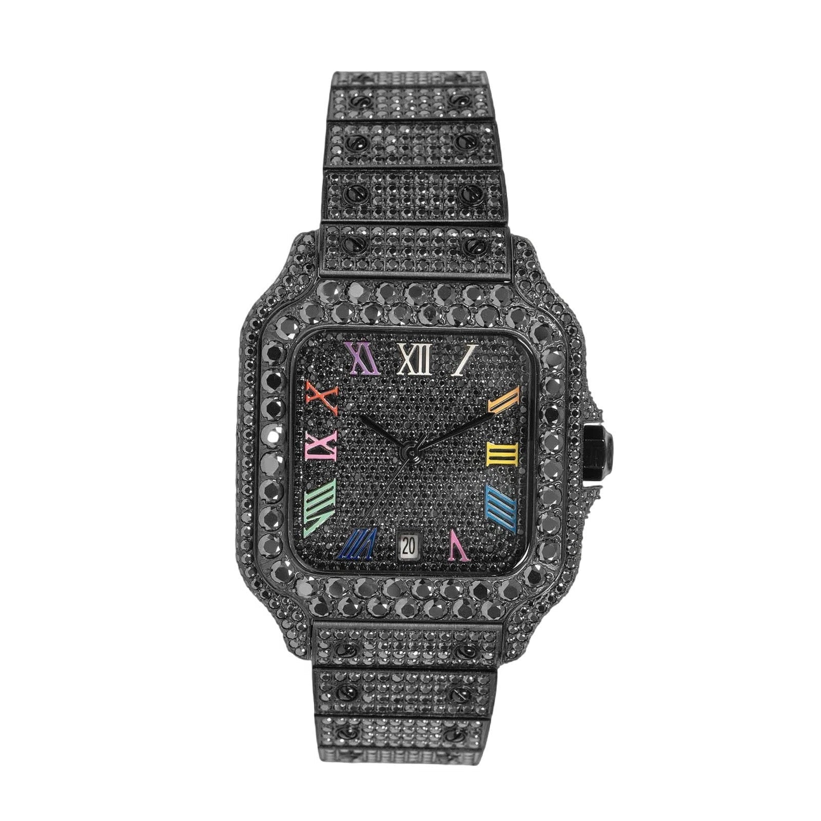 Black Moissanite Watch Candy Rainbow Dial Roman Numeral